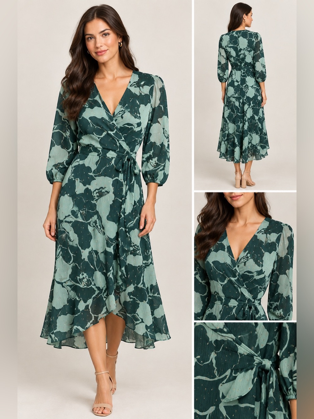 Donna Morgan Wrap Midi Dress in Dark Green Floral - Gold Accents